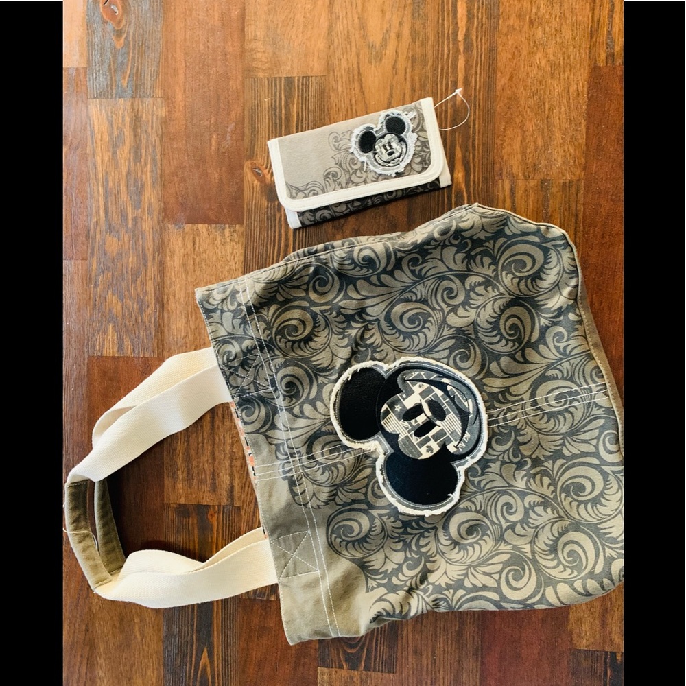 Lovely greenish gray vintage Mickey Mouse tote and matching wallet
